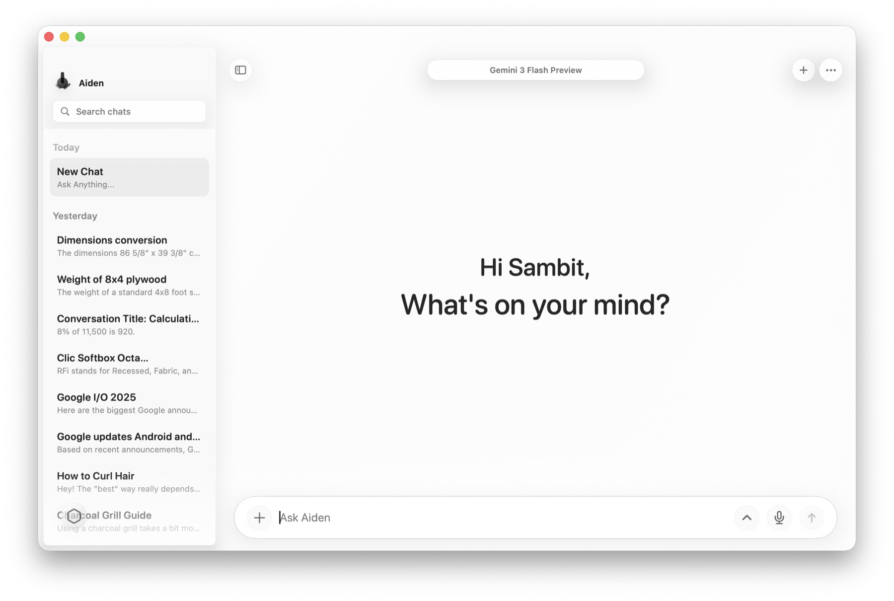 Aiden macOS app window showing the chat interface